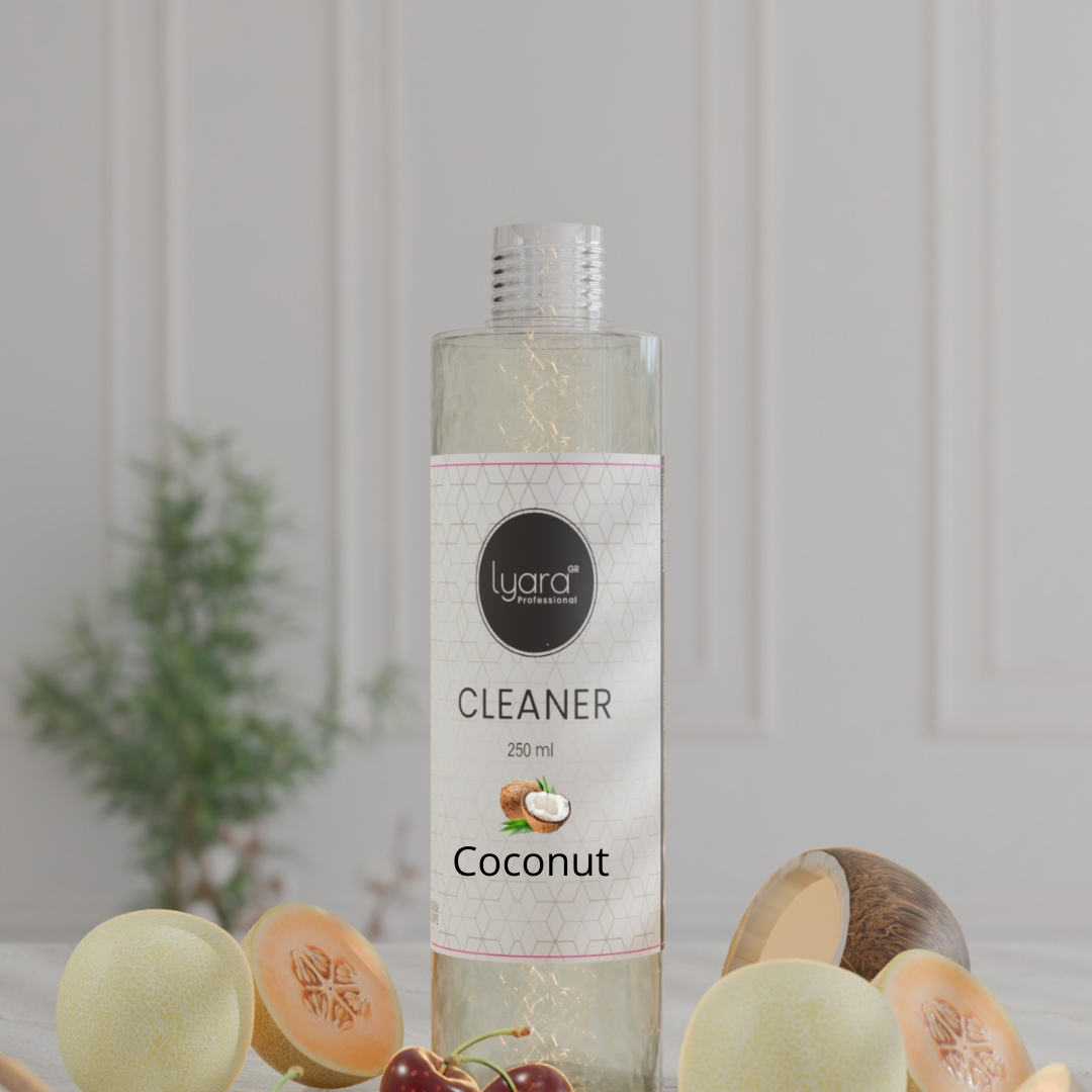 Image d’un flacon de Cleaner UV à la noix de coco, 250ml, utilisé pour enlever la couche de dispersion des gels – produit professionnel Lyarà