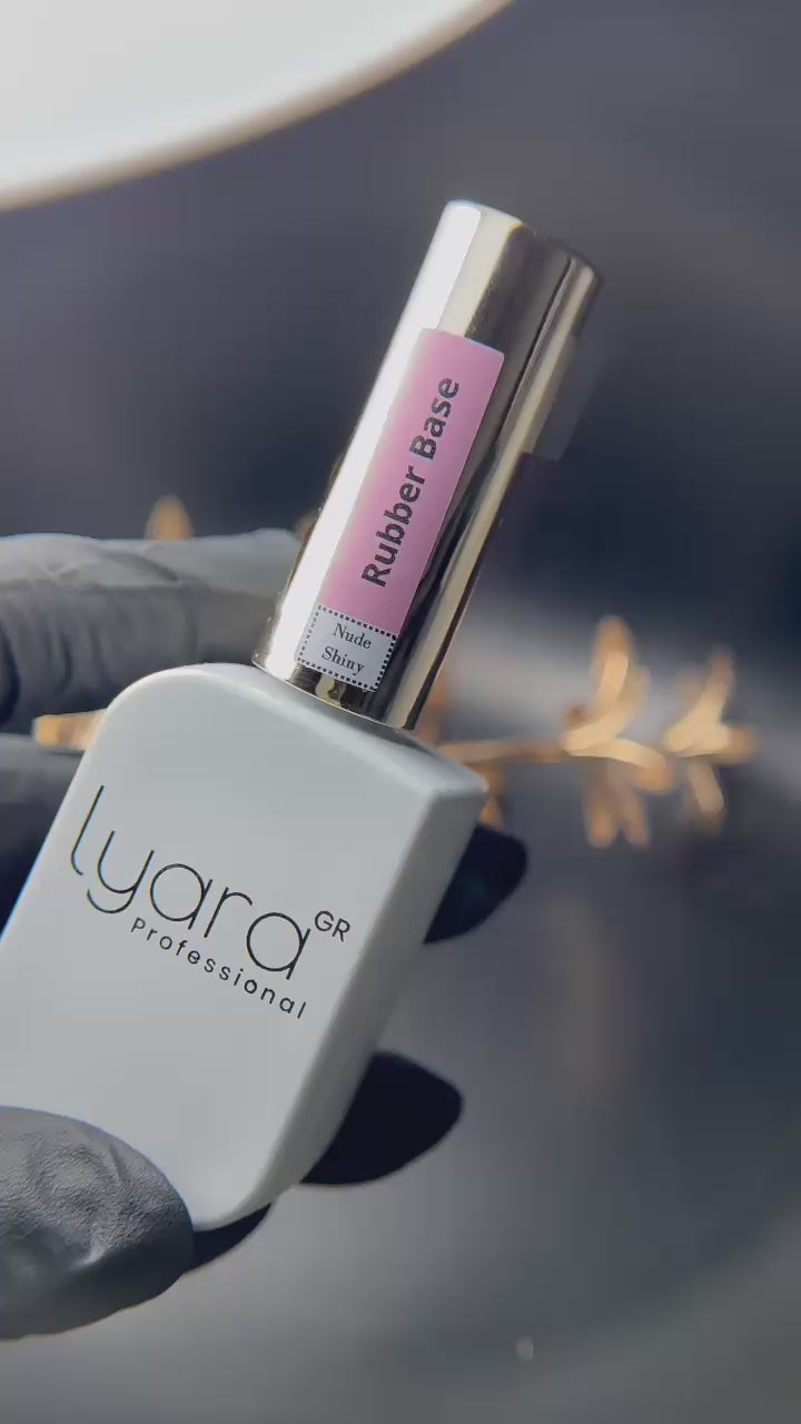 Flacon rose de Rubber Base Nude Shiny avec brillance intense – produit Lyarà pour stylistes ongulaires